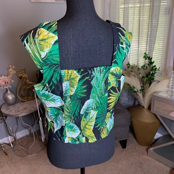 Black Leaf Print Midi Top With Green and Yellow Leaves - NWT - Picture 3 of 4